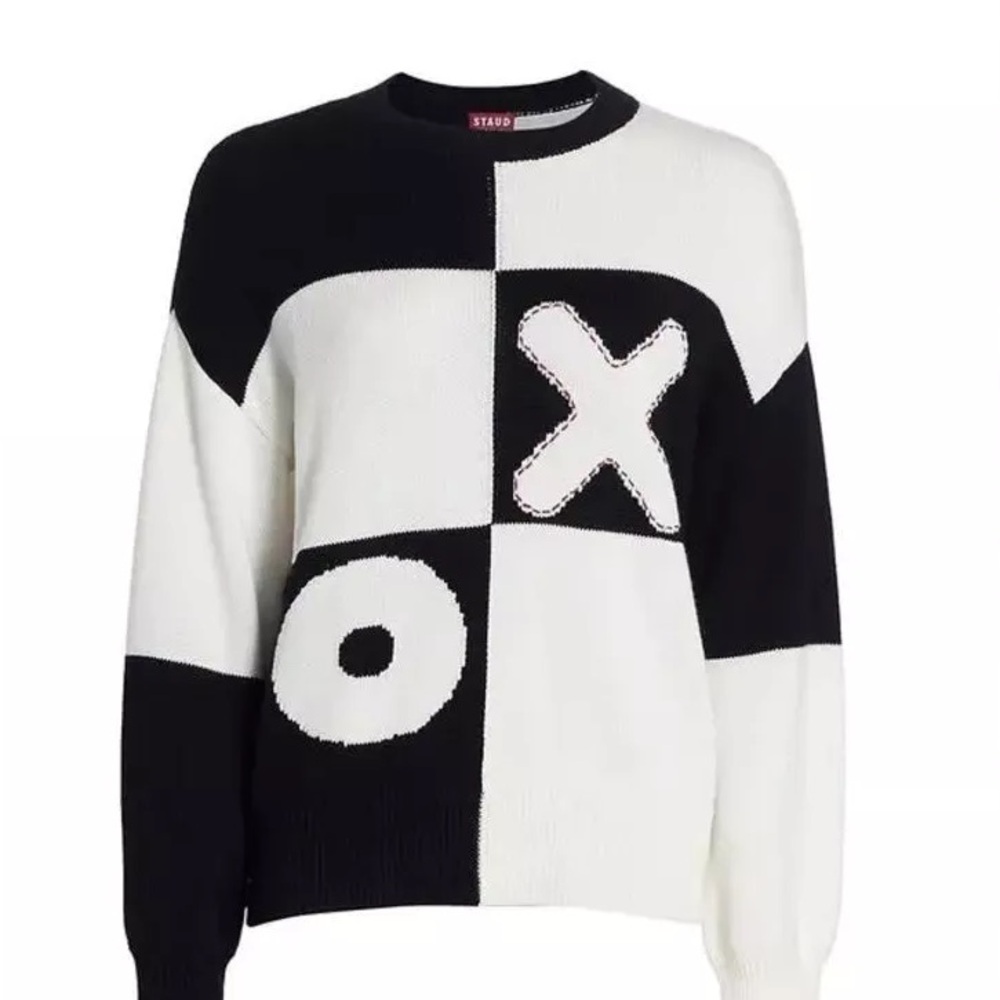 STAUD Black & White Checkerboard XO Crewneck Sweater